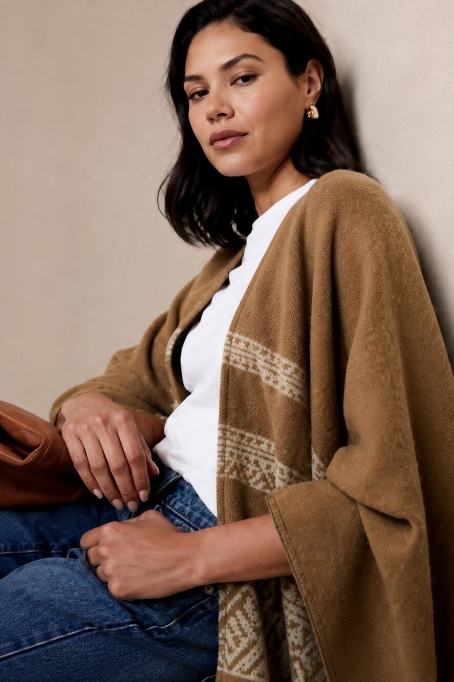 Banana Republic Wool-Blend Poncho Plateau Beige Fringe One Size